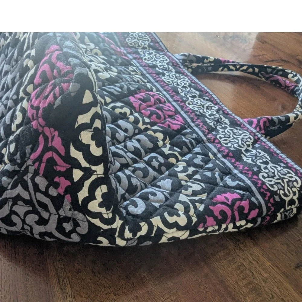 Vera Bradley Tote Shoulder Bag Black Magenta Retired Canterberry Quilted Cotton